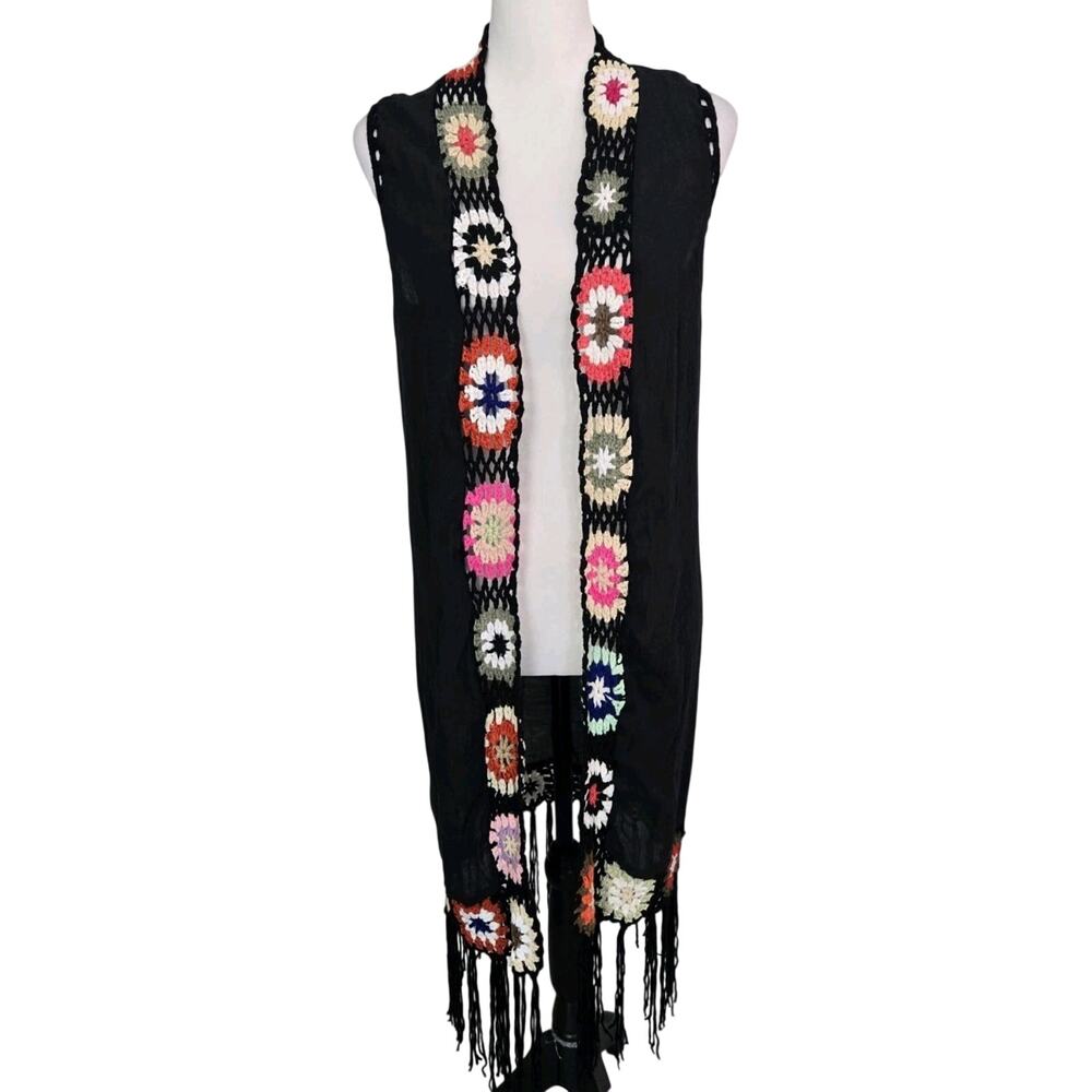 Hippie Bogo Crochet Granny Square Trim Duster Vest Kontrol Sz S